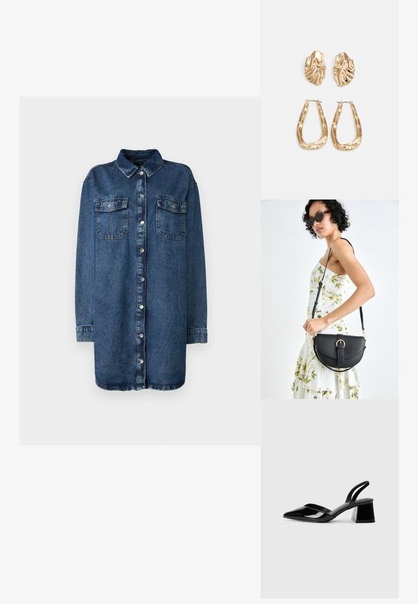 Mørkeblå denimskjorte med krage, frontlukking med knapper, to brystlommer og lange ermer med knappelukking.; Svarte patentlær slingback hæler med spiss tå og geometrisk blokk hæl. Har et stilrent, minimalistisk design og jevn tekstur.; Svart lærveske med en buet form, avtagbar stropp og gullbeslag. Vesken har et klaff med spenne-detall.; Gullfargede øredobber med teksturerte, bølgete former. Inkluderer skulpturelle klipsstuds og åpen hoop-design med en hamret finish.