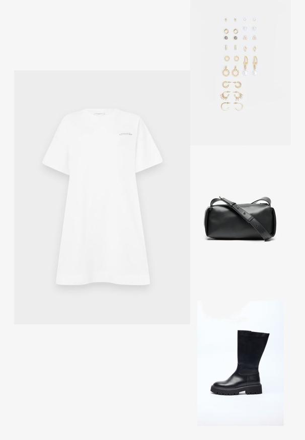 Valkoinen puuvillainen T-paitamekko, jossa on leveät hihat, pyöreä kaula-aukko ja logopainatus rinnassa. Mekossa on löysä, rento istuvuus ja sileä pinta.; Mustan nahkaisen polvipituisen saappaan paksu pohja, jossa on sileä pinta, pyöreä kärki ja minimalistinen siluetti.; Musta nahkainen ristiselkäkassi, jolla on sylinterimäinen muoto, vetoketju suljettuna ja säädettävä hihna. Sujuva pinta ja minimalistiiset muotoiluyksityiskohdat.; Kultasetti kultaisenvärisiä korvakoruja, jotka sisältävät erilaisia muotoiluita, kuten nappikorviksia, rengaskorviksia ja roikkuvia korviksia, joissa on helmiä ja strasseja.