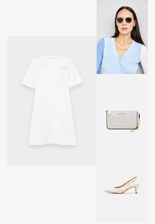 Balta medvilnės T-shirt su plačiomis rankovėmis, apvaliu iškirpimu ir logotipo spauda krūtinėje. Turi laisvą, atsipalaidavusį siluetą ir lygų paviršių.; Balti slingback kulniukai su smailiu pirštu, lygia viršutine medžiaga, žemu blokuotu kulnu ir šoniniu išpjovimu su reguliuojamu sagtimi.; Apskriti saulės akiniai su tamsiais objektyvais ir auksiniais rėmeliais. Modelis vilki šviesiai mėlyną, raukinį kardiganą su mygtukais ir kontrastingomis baltomis rankovėmis.; Michael Kors rankinė smėlio spalvos dengto kanvoje su pakartotiniu MK logotipo raštu, auksinėmis detalėmis ir nuimamu grandininiu dirželiu.