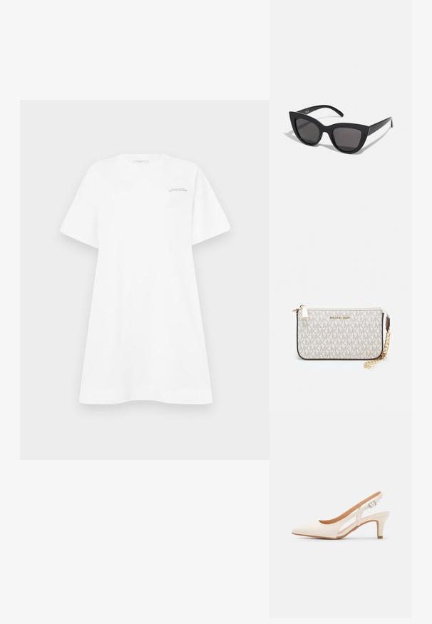 Valkoinen puuvillainen T-paitamekko, jossa on leveät hihat, pyöreä kaula-aukko ja logopainatus rinnassa. Mekossa on löysä, rento istuvuus ja sileä pinta.; Valkoinen slingback-korkokenkä, jossa on terävä kärki, sileä päällismateriaali, matala lohkokorko ja sivuaukko-design säädettävällä soljella.; Mustat kissansilmäaurinkolasit, joissa on matta pinta, harmaansiniset linssit, terävät kulmat ja tyylikkäät sivuvarret. Brändin nimi näkyy sisävarsissa.; Michael Kors kääröbeige pinnoitettua kangasta, jossa on toistuva MK-logo -kuvio, kultaiset yksityiskohdat ja irrotettava ketjuhihna.