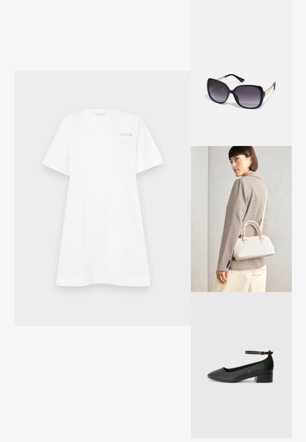 Biele bavlnené šaty vo forme trička s širokými rukávmi, okrúhlym výstrihom a potlačou loga na hrudi. Majú voľný, uvoľnený strih a hladkú textúru.; Čierne kožené lodičky s špicatou špičkou a nízkym blokovým podpätkom. Obsahuje remienok okolo členka so zlatým prackou. Hladký povrch.; Čierne oversized slnečné okuliare s gradientovými sklíčkami, hrubými rámami a zlatým retiazkovým detailom na stranách.; Biela štruktúrovaná kabelka s krátkymi rúčkami a ramenným popruhom, s zlatými kovovými prvkami a textúrovaným materiálom, vystavená na šedom pozadí.