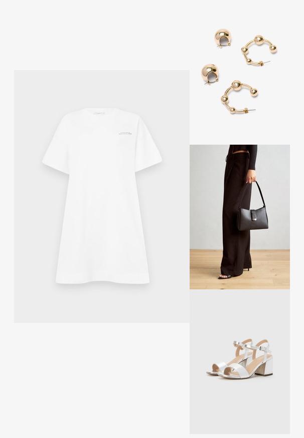 Baltā kokvilnas T-krekla kleita ar platām piedurknēm, apaļu dekoltē un logo druku uz krūškurvja. Iezīmējas ar brīvu, relaksētu piegulumu un gludu faktūru.; Sudraba augstpapēžu sandales ar atvērtām pirkstiem, ar divām platām siksnām un noapaļu blokpapēdi. Gluda tekstūra ar metalizētu apdari.; Melnā somiņa ar strukturētu formu, gludu tekstūru un metālu sprādzi. Saskaņota ar platām melnām biksēm un sandālēm ar atvērtu purngalu uz koka grīdas.; Zelta metāla auskari ar apaļas gredzena dizainu un gludu apdari. Viens pāris ir ar sfērisku akcentu, bet otram ir savienotu bumbiņu raksts.