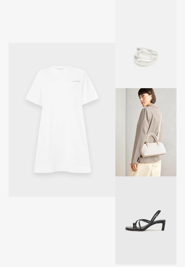 Baltā kokvilnas T-krekla kleita ar platām piedurknēm, apaļu dekoltē un logo druku uz krūškurvja. Iezīmējas ar brīvu, relaksētu piegulumu un gludu faktūru.; Melnas strappy sandales ar kvadrātveida purngaliem un zemu bloku papēdi. Ievērojamas ar vairākiem plāniem siksniņām un regulējamu potītes siksniņu. Izgatavotas no gludas ādas.; Balta strukturēta roku soma ar īsām rokturiem un plecu siksnu, ar zelta aparatūras akcentiem un strukturētu materiālu, izstādīta uz pelēka fona.; Sudraba divu joslu gredzens ar gludu, pulētu virsmu. Iezīmējas ar plūstošu, izliekta dizaina struktūru ar pārklājošām sekcijām modernam izskatam.