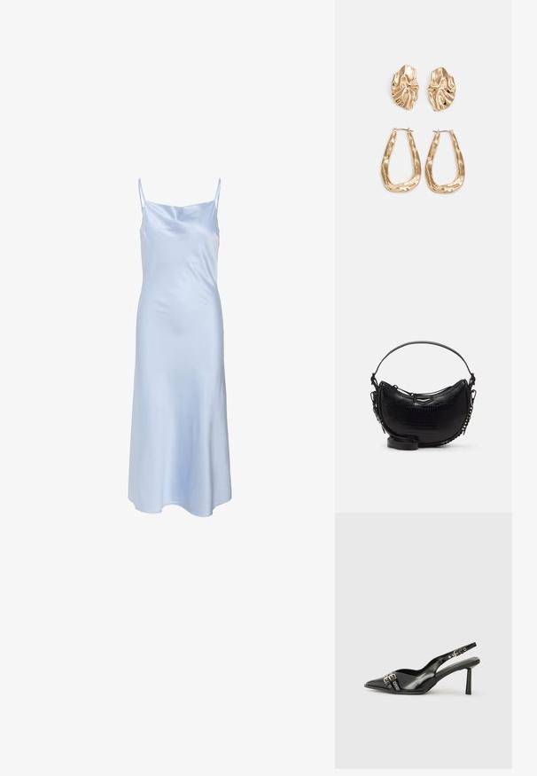 Rochie de satin albastru deschis, cu bretele subțiri, textură netedă și o jupă ușor evazată. Design simplu, fără motive sau accente vizibile.; Pantofii slingback din piele lăcuită neagră, cu vârf ascuțit, bretele pentru gleznă cu catarame și accesorii din argint, și un toc subțire.; Geantă neagră din piele cu model croco, cu o formă curbată, curea de umăr detașabilă și un accent metalic elegant pe față.; Cercei aurii cu forme texturate și ondulate. Include studs sculpturale cu clip și un design de cerc deschis cu un finisaj cioplit.