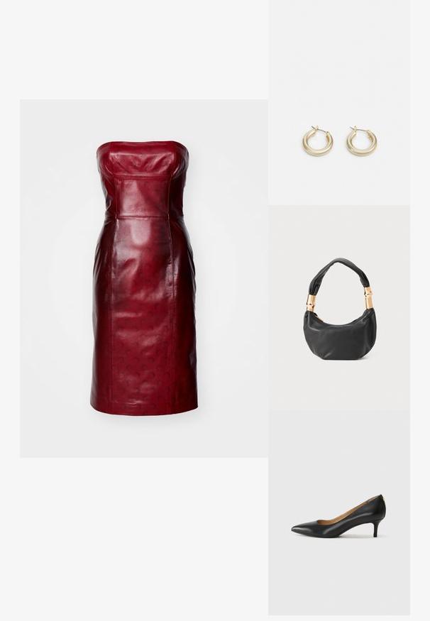 Raudonas odinis suknelė be petnešų su prigludusia siluetu, lygia tekstūra ir subtiliais raštuotais akcentais. Iki kelių su tiesiu apvadu.; Juodos odinės aukštakulnės bateliai su smailiu nosiu, žemu kulnu ir lygiu paviršiumi. Priekyje yra nedidelis atvirumas, o gale minimalus apdaila.; Juodas odinis rankinukas apvalios formos, minkštos tekstūros su susietu rankena ir auksinės spalvos detalėmis. Užtrauktuko uždarymas.; Lauren Ralph Lauren BASIC SMALL HOOP - Auskarai - gold-coloured