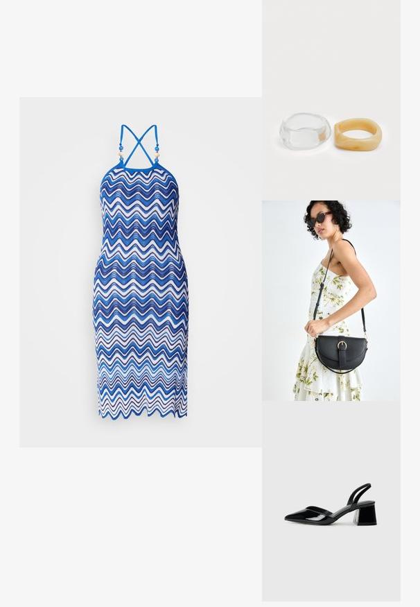 Knit dress featuring a zigzag pattern in varying shades of blue and white, with a halter neck and crossed straps at the back.; Black patent leather slingback heels with a pointed toe and a geometric block heel. Features a sleek, minimal design and smooth texture.; Black leather handbag with a curved shape, detachable strap, and gold hardware. The bag features a flap with a buckle detail.; Clear and amber resin rings, one smooth and transparent, the other with a textured, amber finish. Both feature rounded, chunky designs.