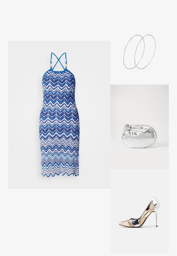 Knit dress featuring a zigzag pattern in varying shades of blue and white, with a halter neck and crossed straps at the back.; Pointed-toe high heel shoe with a silver, gold, and nude color scheme. Glossy finish with cutout design, featuring a stiletto heel.; Silver metallic pouch bag with a soft, rounded shape and a knotted top closure. Made from smooth faux leather material.; Silver hoop earrings with a minimalist design. Circular shape, smooth texture, and thin profile. Lightweight with a polished finish.