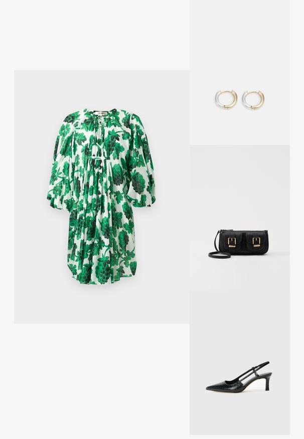 Vestido floral verde com mangas bufantes, apresentando um decote franzido e um tecido texturizado, com padrão de folhas verdes escuras e claras sobre um fundo branco.; Salto slingback em patente preta com bico apontado, apresentando um padrão de pele de cobra texturizado, tira ajustável e um salto bloco curto e texturizado.; Bolsa de ombro em couro preto com dois bolsos frontais, fivelas douradas, fecho de zíper e uma alça fina. Superfície texturizada e forma retangular compacta.; Brincos de argola em ouro e prata com um acabamento metálico misto, apresentando um design curvado e suave e um fecho sem emendas.