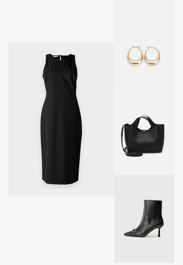 Svart ærmeløs kjole med vertikale hvite striper, tettsittende silhuett, kne-lengde, rund halskrage og nøkkelhull baklukking.; Sorte lær ankle boot med spiss tå, slank mid-høyde hæl og sølvspenne på siden mot en enkel bakgrunn.; Svart skinnhåndveske med teksturert finish, vinklet form, doble håndtak og justerbar skulderrem. Har et DKNY-logo som detaljer.; Gulltonede hoop-øreringen med en halvmåneform, polert overflate og hengsel-lukking. Glatt tekstur og reflekterende finish øker synligheten.