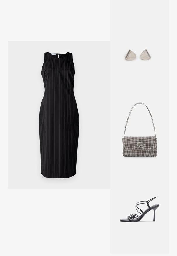 Musta hihaton mekko, jossa on pystysuorat valkoiset raidat, kapealti istuva siluetti, polvimittainen ympäri kaula-aukko ja avainreikätakakappale.; Mustat korkokengät sandaalit, joissa on ohuet hihnat solmittuna, sileä neliön muotoinen varvasosa ja tyylikäs stiletto-korko.; Vaalea harmaa metallinen käsilaukku, jossa on ketjusanka. Laukku on koristeltu pienillä pyöreillä metallikoruilla ja kolmion muotoisella brändilogolla.; Hopea metalliset korvakorut, joissa on sileä, pisaramainen muoto ja kiillotettu pinta. Huomaamattomat kaiverrukset lisäävät yksityiskohtia. Minimalistinen muotoilu.