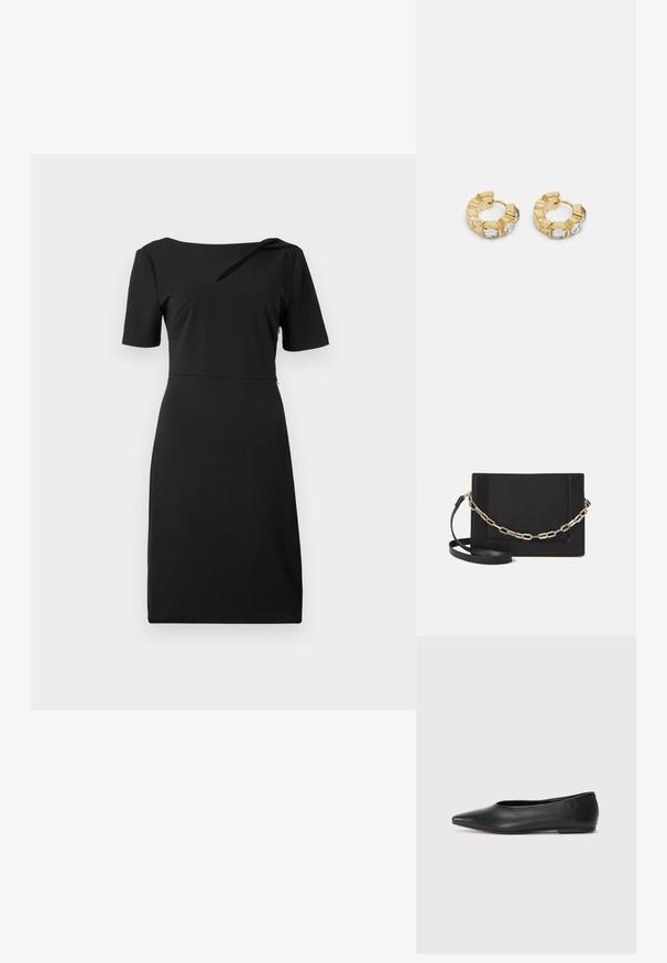Robe noire ajustée à manches courtes, détail d'encolure asymétrique et texture lisse. Design simple avec une coupe aux genoux.; Ballerines noires en cuir, à bout pointu, design minimaliste, texture lisse, talon bas, sans matériel ni embellissements visibles.; Sac bandoulière en cuir noir avec une texture lisse, de forme rectangulaire et un détail en chaîne métallique à l'avant. Sangle réglable incluse.; Boucles d'oreilles créoles en or avec un design texturé et trois accents de cristal clair d'un côté, offrant une esthétique géométrique moderne.