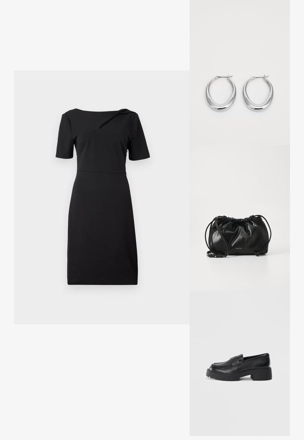 Zwarte, aansluitende jurk met korte mouwen, asymmetrische halslijn en een gladde textuur. Eenvoudig ontwerp met een knie-lengte snit.; Zwarte leren instappers met een gestructureerde afwerking, voorzien van een rechthoekige band over de voorkant en een robuuste, gegroefde zool.; Zwarte leren handtas met geplooid ontwerp, dubbele trekkoordsluiting en afneembare schouderband. Voorzien van metallic logo detail.; Een paar gepolijste zilveren halvmaan-hoepeloorbelletjes met scharnier-sluitingen op een witte achtergrond.