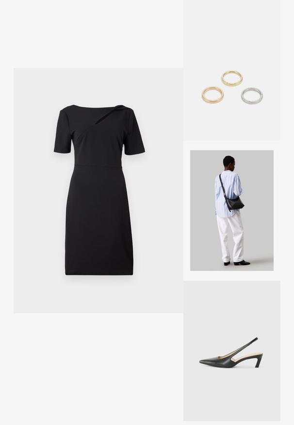 Rochie neagră, ajustată, cu mâneci scurte, detaliu asimetric la decolteu și textură netedă. Design simplu cu o lungime până la genunchi.; Pantof cu toc mic, cu vârf ascuțit și slingback, realizat din piele netedă, având un design decupat pe lateral pentru respirabilitate.; Geantă de umăr din piele neagră cu o textură moale, formă triunghiulară și curea ajustabilă, asortată cu o bluză cu dungi albastre deschise și pantaloni albi.; Trei inele din metal: unul roz aurie, unul auriu cu accente texturate și unul argintiu, toate cu branding gravat pe banda interioară.