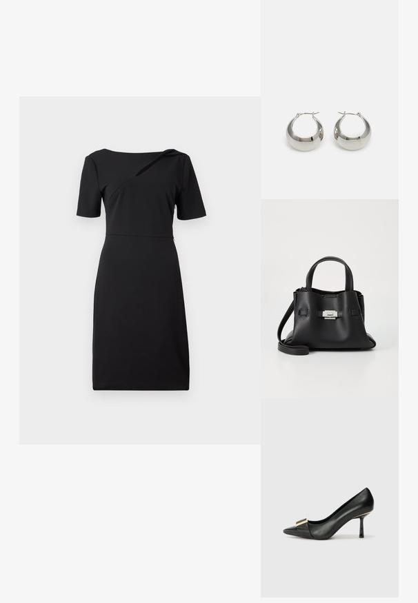 Black fitted dress with short sleeves, asymmetric neckline detail, and smooth texture. Simple design with a knee-length cut.; Black leather pointed-toe high heel with a gold accent at the toe, smooth texture, and a slim high heel design.; Black leather handbag with a textured finish, featuring two top handles, a detachable shoulder strap, and a silver clasp detail.; Silver metal hoop earrings with a smooth, shiny surface and a structured, rounded design. Features a hinged clasp for secure wear.