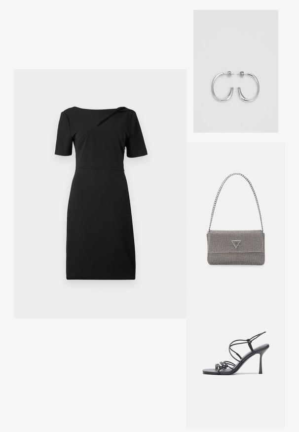 Must kätised must kleit, millel on asümmeetriline kaelus ja sile tekstuur. Lihtne disain, mis ulatub põlveni.; Mustad musta värvi kontsandaalid on varustatud peente rihmadega, millel on sõlmekujundus, siledad ruudukujulised varbad ja stiilne stilettokonts.; Helehall metallik handbags, millel on kett, kaunistatud väikeste ümmarguste metallist õmblustega ja kolmnurkse brändi logoga.; Hõbedased rõngaskõrvarõngad, millel on sile ja läikiv pind. Ümar kuju, kerge disain, millel on post-tagumise kinnituse süsteem.