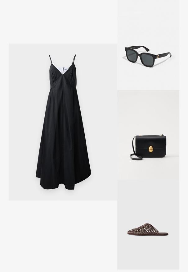 Melnā maksi kleita, kas izgatavota no viegla auduma. Tam ir plānas siksnas, V veida kakla izgriezums, savākts augšdaļa un plūstoša silueta. Tīrs dizains, bez rakstiem.; Brūni austs slaidu sandales ar noapaļotu pirkstu, atvērtu dizainu, plakanu zoli un teksturētu virsmu. Viegls materiāls un minimālistiska siluets.; Melni saulesbrilles ar taisnstūra objektīviem, ar spīdīgu apdari un zeltītām logo detaļām uz brillēm. Tumši pelēki objektīvi nodrošina UV aizsardzību.; Melnas ādas rokassomu ar strukturētu taisnstūra formu. Iespējas zelta ovāla slēdzis un plāns plecu siksna. Gluda tekstūra.