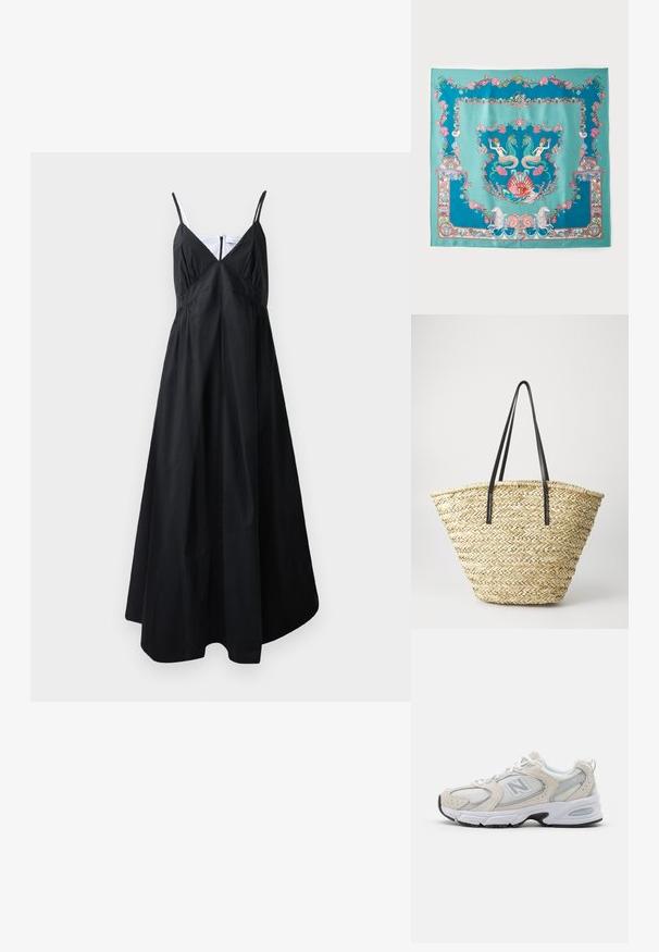 Fekete maxi ruha könnyű anyagból. Vékony pántokkal, V-kivágással, redőzött felsőrészel és lebegő sziluettel rendelkezik. Letisztult dizájn, minta nélkül.; Sportcipő, amely világosszürke hálós felsőrésszel és velúr részletekkel rendelkezik, fehér fűzőkkel és fekete gumitalppal. Kiemelkedő ABZORB párnázás részlet.; Türkiz selyem sál bonyolult tengeri témájú mintákkal, beleértve a sellőket, kagylókat és korallokat, díszes kerettel körülvéve.; Szőtt szalmából készült táska, széles, kúpos formával, két fekete bőrkarral. Természetes bézs szín, texturált felülettel.