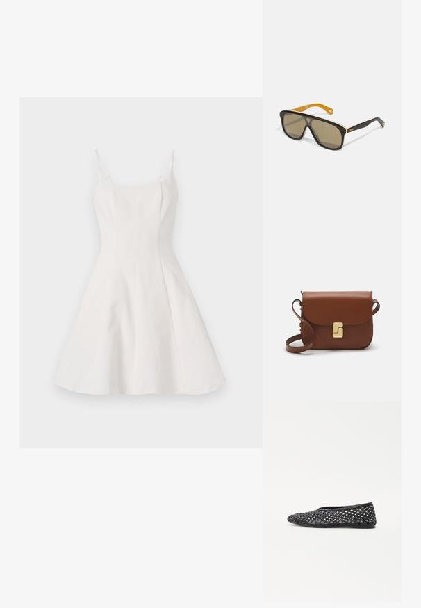 Valge A-line kleit õhukeste rihmadega, millel on sobiv kehaosa ja laienev seelik. Valmistatud siledast kangast, millel on puhas ja minimalistik disain.; Must mustravi kingad mustriga jaotusega, lamedate taldadega ja siledast kummimaterjalist, pakkudes hingavust ja paindlikkust.; Mustad mustad prillid pruunide läätsedega, millel on raamile valge aktsent ja kontrastne kollane tempel. Brändi logo on nähtav.; Pruunist nahast käekott, millel on klapiga sulgur, kuldne riistvara, õlarihm ja sile tekstuur. Kompaktne ristkülikukujuline vorm.