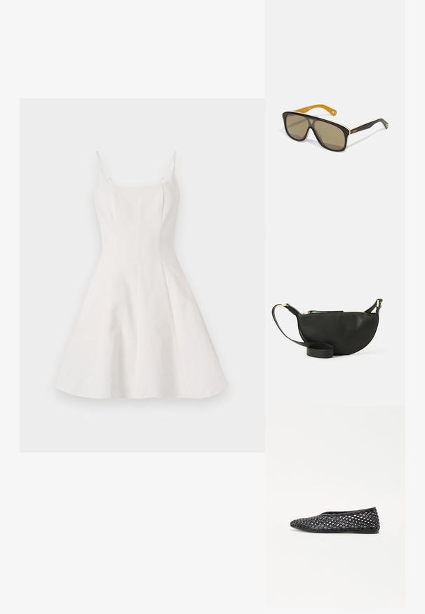 Robe blanche en A à fines bretelles, dotée d'un corsage ajusté et d'une jupe évasée. Fabriquée dans un tissu lisse avec un design épuré et minimal.; Chaussure noire en toile à enfiler avec un design en treillis, semelle plate et matériau en caoutchouc lisse, offrant respirabilité et flexibilité.; Lunettes de soleil noires surdimensionnées avec des verres marron, présentant un accent blanc sur la monture et des embouts de branches jaunes contrastants. Logo de la marque présent.; Sac bandoulière en cuir noir de forme demi-lune, surface texturée, fermeture éclair dorée et bandoulière plate. Design compact adapté pour les essentiels.
