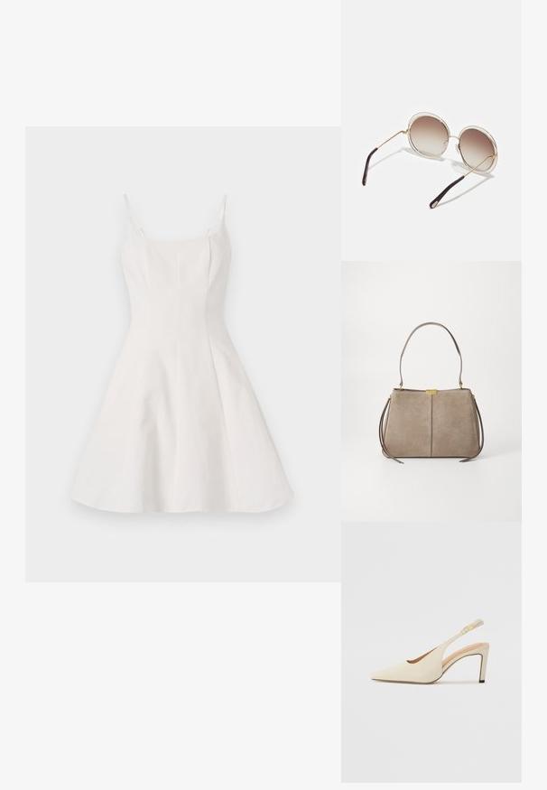 Bijela A-line haljina s tankim naramenicama, koja ima uski korzet i lepršavu suknju. Izrađena od glatkog materijala s čistim, minimalističkim dizajnom.; Bež kožne sandale s otvorenom stranom i uskim potpeticama, s šiljastim vrhom. Sadrže zlatni detalj na remenu.; CHLOÉ CARLINA OVERSIZED ROUND METAL SUNGLASSES - Sunčane naočale - gold-coloured/brown; Tommy Hilfiger CASUAL SHOULDER BAG - Ručna torba - coastal taupe