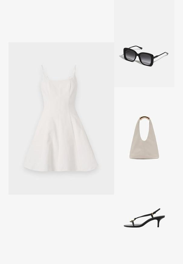 Bela A-linijska obleka s tankimi naramnicami, ki ima oprijet korpus in široko krilo. Narejena iz gladkega blaga z urejenim, minimalnim dizajnom.; Črne usnjene sandale s kitten peto, tankimi trakovi, zlate zaponke in minimalistično zanko za prste na beli podlagi.; CHLOÉ Sončna očala - black; Svetlo siva usnjena torba z U-oblika zasnovo in ukrivljenim kovinskim ročajem. Gladka tekstura z minimalnim šivom in brez vidnih vzorcev.