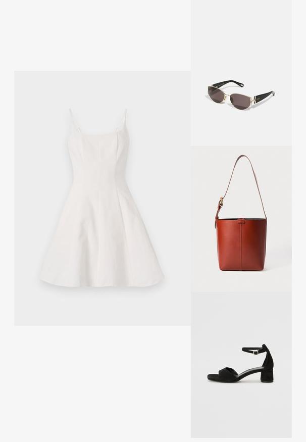 Valge A-line kleit õhukeste rihmadega, millel on sobiv kehaosa ja laienev seelik. Valmistatud siledast kangast, millel on puhas ja minimalistik disain.; Mustad nahast kontsad avatud varvastega, millel on õhuke pahkluu rihm ja tagasihoidlik plokkkonts. Sile tekstuur ja minimaalsed aksessuaarid.; Mustad ja kuldsetes prillides, kitsas ovaalne raam, tumedad läätsed ja dekoratiivsed detailid templites. Kerge ja stiilne disain.; Pruun nahast ämbri kott reguleeritava õlavööga ja kuldse määrdega, lihtne vertikaalne õmblusdetail ees.