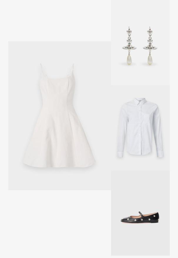 Balta A līnijas kleita ar plāniem siksnām, ar pieguļošu augšdaļu un izplūdušu svārku. Izgatavota no gludas auduma ar tīru, minimālu dizainu.; Balts garās piedurknes krekls, izgatavots no kokvilnas. Tam ir pogājams priekšpuse, norādīta apkakle un krūšu kabata kreisajā pusē.; Melna ādas Mary Jane līdzena zābaku ar noapaļotu purngalu, kurā ir sudraba apaļie kniedes un regulējama siksniņa ar sprādzi.; Sudraba auskaru dizains ar apaļu gredzenu, rotātu ar mirdzošām akmeņiem un asarveida pērli. Izteiksmīgs dizains ar sarežģītām akcentiem.