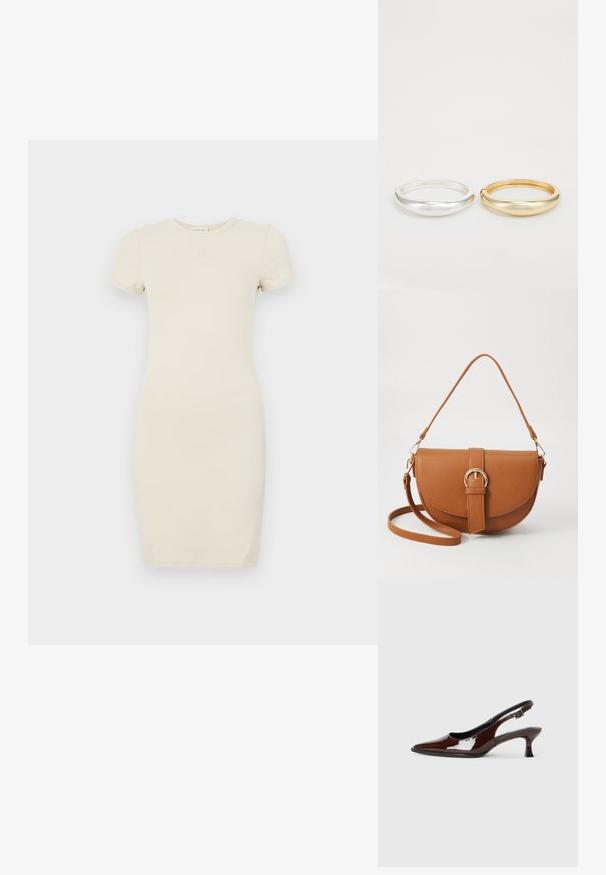 Light beige short-sleeve dress with a fitted silhouette. Made of soft fabric, featuring a small embroidered logo on the chest.; Brown patent leather slingback shoe with a pointed toe and a moderate heel. Features a buckle strap for secure fit. Smooth texture.; Brown leather crossbody bag with a curved shape, gold hardware, and a buckle accent. Features a detachable shoulder strap.; Zign 2 PACK - Bracelet - gold-coloured/silver-coloured