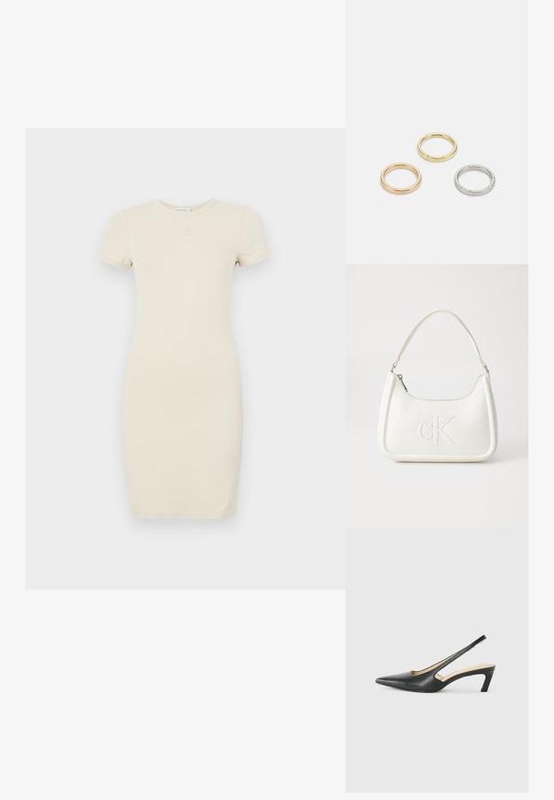 Svijetlosmeđi kratki rukavi haljina s prilagođenim oblikom. Napravljena od mekog materijala, sa malim izveznim logotipom na prsima.; Crne cipele s izduženim vrhom i remenom oko pete, s niskom petom, izrađene od glatke kože i s izrezbarenom stranom radi prozračnosti.; Bijela kožna torba s zakrivljenim oblikom, koja na prednjoj strani ima utisnut logotip "CK" i jedan remen za nošenje preko ramena. Zatvaranje na munju na vrhu.; Tri metalne prstenove: jedan od rose zlata, jedan od zlata s teksturiranim akcentima i jedan od srebra, svi s ugraviranim logotipom na unutarnjoj strani.