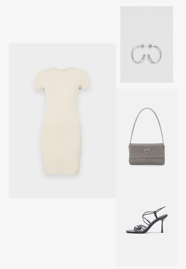 Robe beige clair à manches courtes avec une silhouette ajustée. Fabriquée en tissu doux, elle présente un petit logo brodé sur la poitrine.; Des sandales noires à talons hauts avec des fines lanières au design noué, un bout carré lisse et un talon aiguille élégant.; Sac à main en métal gris clair avec une bandoulière en chaîne, orné de petits clous métalliques ronds et d'un logo de marque triangulaire.; Boucles d'oreilles créoles en argent avec une surface lisse et brillante, présentant une forme incurvée et une fermeture à tige. Design minimaliste avec une finition moderne.