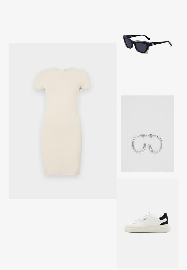 Robe beige clair à manches courtes avec une silhouette ajustée. Fabriquée en tissu doux, elle présente un petit logo brodé sur la poitrine.; Baskets en cuir blanc avec une épaisse semelle blanche, un accent en daim noir au niveau du talon et un logo embossé sur le côté. Design à lacets avec six œillets.; Lunettes de soleil noires surdimensionnées avec une forme géométrique, dotées de verres foncés et d'un détail gris contrastant sur la monture. Logo sur la branche.; Boucles d'oreilles en argent avec une finition lisse et brillante. Forme arrondie, conception légère, avec un fermoir à tige.