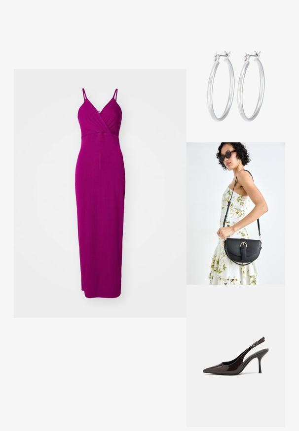 WAL G. JOSEFINA GLITTER KNOT - Maksi garuma kleita - magenta; Slingback augstpapēžu kurpe ar spīdīgu tumši brūnu lakotu ādu, ar norādītu purngalu, atvērtām pusēm un regulējamu potītes siksniņu.; Melnas ādas rokassoma ar izliekta formu, noņemamu siksnu un zelta aksesuāriem. Somai ir vāciņš ar sprādzes detaļu.; Sudraba riņķveida auss gredzeni ar gludu, pulētu apdari. Apaļa forma un drošs klikšķa augšējais slēgums. Viegls dizains, kas piemērots ikdienas valkāšanai.