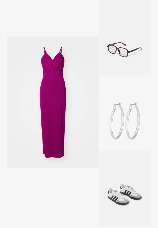WAL G. JOSEFINA GLITTER KNOT - Dolga obleka - magenta; Športni čevlji z belim usnjenim zgornjim delom, sivim semišem na prstih in tremi črnimi črtami. Imajo modro logo na jeziku in teksturiran gumijast podplat.; Rjave, pravokotne očala z prosojnimi lečami in vijoličnimi odtenki. Gladek plastičen okvir z ravnimi steblami in subtilnimi detajli.; Srebrni obroči za ušesa z gladko, polirano površino. Okrogla oblika in varna zaponka s klikom. Lahka zasnova, primerna za vsakodnevno nošenje.