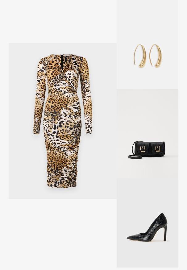 Pikad varrukad, leopardimustriga kleit, millel on volditud detailid ja ümar kaelus. Valmistatud venivast kangast, tagaküljel on lukuga.; Mustan teravaotsaga kõrge kontsaga king, millel on krokodillimustriga tekstuur, stiilne disain, kõrge stilettokonts ja sile must sisesisustus.; Must küllastamata nahast õlakott, millel on kaks esist nähtavat taskut, kuldsed pandlad, tõmblukuga sulgemine ja peen rihm. Tekstuuriga pind ja kompaktne ristkülikukujuline kuju.; Kuldtoonilised metallist rõngas kõrvarõngad, millel on kõver ja piklik kuju. Omavad siledat, läikivat pinda ja ümarat tipptugevdust, mis lisab detaili.