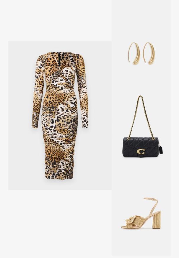 Hosszú ujjú ruha leopárdmintával, redős részletekkel és kerek nyakkivágással. Nyújtható anyagból készült, hátsó cipzárral.; Arany sarkú szandálok, elől megkötve, pliszírozott textúrával és boka pánttal. A blokksarok bordázott mintázattal rendelkezik, amely javítja a tapadást.; Fekete steppelt táska arany lánc pánttal, jellegzetes arany zár mellett és egy kis címkével, amely textúrált bőrfelületet mutat be.; Aranyszínű fémből készült karika fülbevalók ívelt, hosszúkás formával. Simaságával és fényes felületével, valamint lekerekített végével további részletekkel bővül.