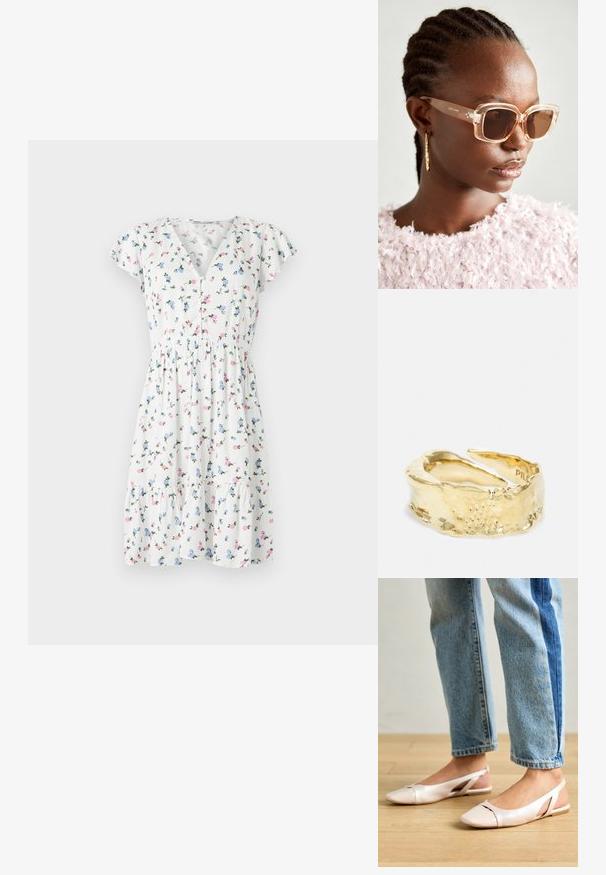 Lillelillekleit, millel on valge kangas värviliste lillemotiividega, lühikesed tiibadega varrukad, V-kujuline dekoltee ja kogutud vöökoht.; Kahvatu roosa slingback lapikute jalatsite paar, millel on terav varvas, valmistatud siledast nahataolisest materjalist. Omab külgedel lõikekohti ja lapikut kontsa.; Bežid suured prillid, millel on läbipaistev raam ja pruuni tooni läätsed, millel on peened lillemustrid ja julge geomeetriline disain.; Kuldne sõrmus, mis on kujundatud tekstuurse, lainelise disainiga ja poleeritud viimistlusega, näidates keerulisi detaile ning regulaarse sobivuse jaoks vahega sõrmes.