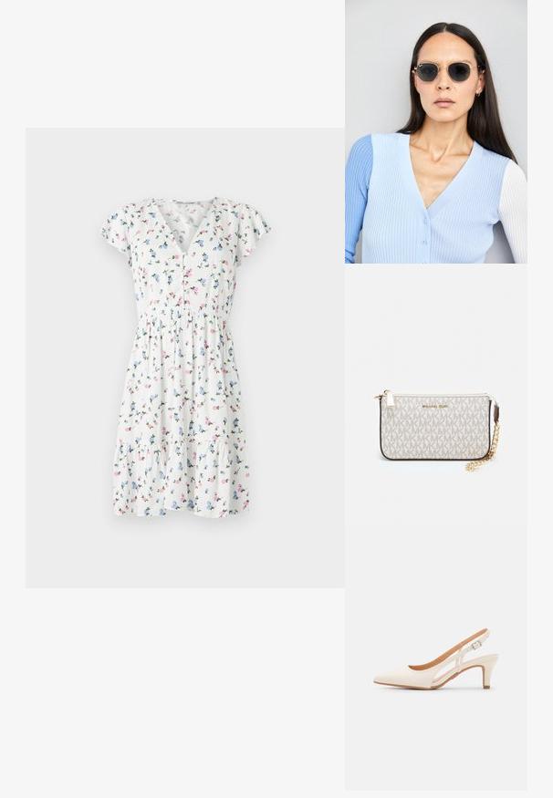Rochie florală cu un material alb, decorat cu modele florale colorate, mâneci scurte evazate, decolteu în V și talie strânsă.; Sandaie cu toc alb, cu vârful ascuțit, material superior neted, toc mic tip bloc și design cu decupaj lateral, cu curea ajustabilă.; Ochelari de soare rotunzi cu lentile întunecate și rame aurii. Modelul poartă un cardigan ribbed de culoare albastru deschis cu nasturi și mâneci albe în contrast.; Clutch Michael Kors din canva acoperit bej, cu un model repetitiv al logo-ului MK, accesorii din aur și o curea cu lanț detașabil.