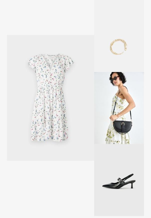 Abito floreale caratterizzato da un tessuto bianco con fantasie floreali colorate, maniche corte a sbuffo, scollatura a V e vita arricciata.; Décolleté neri in vernice con punta affilata e tacco a blocco piccolo, dotati di un accentuato con fibbia argentata sulla cinturino.; Borsa a tracolla nera in pelle con una forma curva, manico rimovibile e accessori dorati. La borsa presenta una patta con un dettaglio a fibbia.; Anello in tono oro con un design organico e Twisted, caratterizzato da una superficie liscia e punte affusolate, che crea un aspetto moderno e scultoreo.