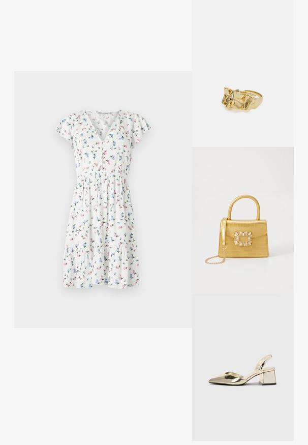Cvjetna haljina s bijelom tkaninom i šarenim cvjetnim uzorcima, kratkim lepršavim rukavima, V-izrezom i naboranim pojasom.; Zlatni metalik slingback sandali s šiljatim vrhom i debelim potpeticama. Glatka tekstura, minimalistički dizajn i uski remen.; Žuta torbica od umjetnog krokodila sa strukturiranim dizajnom, gornjom ručkom, odvojivim lančićem i dekorativnim kristalnim ukrasom na kopči.; Zlatni prsten s teksturiranim, valovitim dizajnom koji ima tri istaknuta vrha. Glatka, sjajna površina s otvorenom trakom za podešavanje veličine.