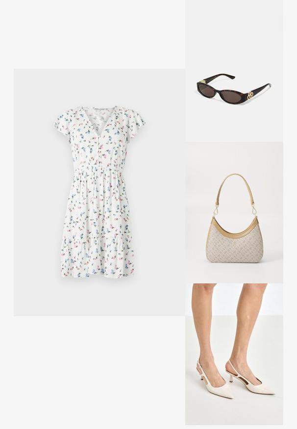 Bloemige jurk met een witte stof en kleurrijke bloemmotieven, korte fluttermouwen, een V-halslijn en een gerimpelde taille.; Beige gepatineerde leren slingback hakken met een spitze neus en een hak van 5 cm, met uitsparingen aan de zijkanten en een dunne enkelband.; Schildpadbril met langwerpige ovale lenzen, bruine tint, gouden logo-accenten op de pootjes en slanke zwarte armen.; Beige handtas met een patroon en een gebogen vorm, leren accenten en een goudkleurig logo aan de voorkant. Beschikt over een kort handvat voor gemakkelijk dragen.; Parel- en kristallen ketting met een ronde, gehaakte ontwerp in lichte tinten, met afwisselend parels en sprankelende accenten, gedragen om de hals.
