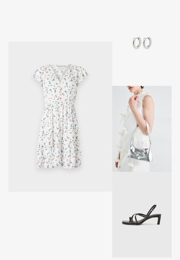 Cvjetna haljina s bijelom tkaninom i šarenim cvjetnim uzorcima, kratkim lepršavim rukavima, V-izrezom i naboranim pojasom.; Crne sandale s trakama, kvadratnim prstom i niskom blok petom. Ima više tankih trakica i podesivu trakicu oko gležnja. Izrađene su od glatke kože.; Srebrna metalik torbica sa strukturiranim oblikom, s gornjom drškom i detaljem mašne sprijeda. Glatka tekstura, reflektirajući finiš.; Srebrne kružne naušnice s poliranim završetkom, koje imaju kružni dizajn i bešavne šarke, prikazujući glatku teksturu.
