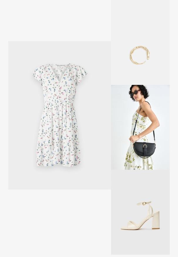 Cvjetna haljina s bijelom tkaninom i šarenim cvjetnim uzorcima, kratkim lepršavim rukavima, V-izrezom i naboranim pojasom.; Sandale s petom u krem boji, otvorenih prstiju, s debelim blok petom, tankim remenom oko gležnja i suptilnim sjajem. Kopča kao naglasak na remenu.; Crna kožna torba s lukovitim oblikom, odvojivim remenom i zlatnim detaljima. Torba ima preklop s kopčom.; Prsten u zlatnoj nijansi s organskim, uvijenim dizajnom, glatkom teksturom i suženim krajevima, koji stvara moderan, skulpturalni izgled.