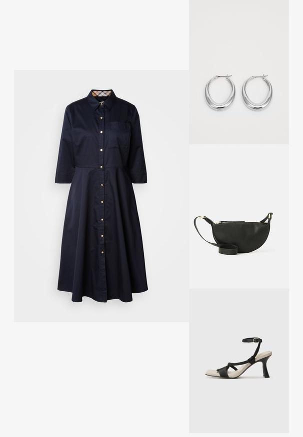 Navy cotton shirt dress with a button front, pointed collar, three-quarter sleeves, and a chest pocket. Features a check pattern on the collar.; Black heeled sandal with braided strap design, square toe, and adjustable ankle strap. Light beige footbed with a glossy black heel.; Black leather crossbody bag with half-moon shape, textured surface, gold zipper, and a flat strap. Compact design suitable for essentials.; Pair of polished silver crescent hoop earrings with hinged clasps on a white background.