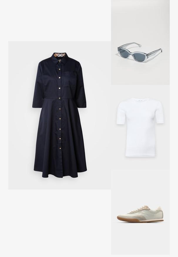 Granatowa bawełniana sukienka koszulowa z zapięciem na guziki, ostrym kołnierzem, rękawami do łokcia i kieszonką na piersi. Posiada wzór w kratkę na kołnierzu.; Biała koszulka z krótkim rękawem wykonana z bawełny. Posiada okrągły dekolt oraz gładką teksturę, z minimalnie widocznym ściegiem przy dolnym wykończeniu.; Białe i beżowe sneakersy z gładką cholewką w akcentach z zamszu, teksturowaną podeszwą i tonowanymi szwami. Zapięcie na sznurówki z detalem logo.; Przezroczyste, lekkie okulary przeciwsłoneczne z owalnymi soczewkami, szaro przyciemnionymi soczewkami oraz smukłymi ramionami z metalowym detalem na zausznikach.
