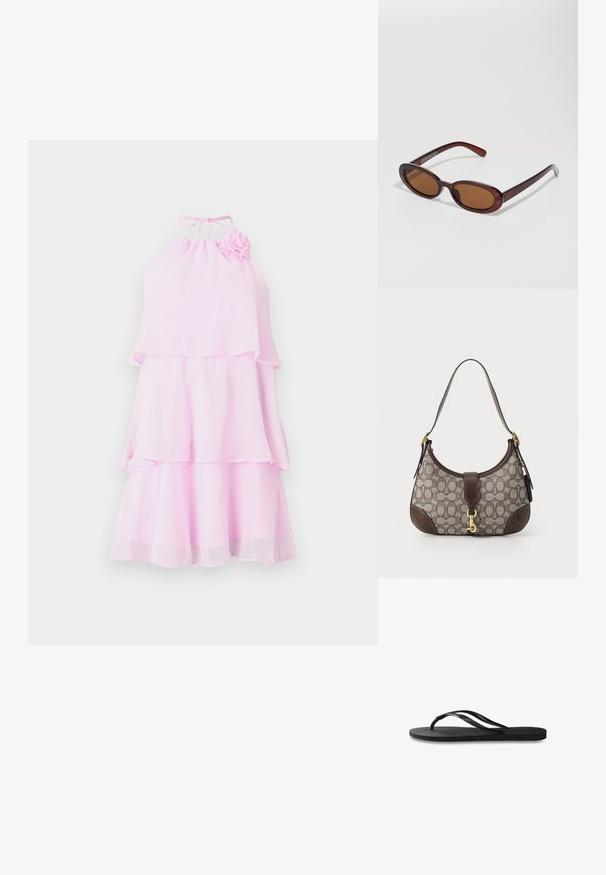 Ružová, poschodová šaty s halter krkom a kvetinovým akcentom. Vyrobené z ľahkého materiálu, s prúdiacim dizajnom a vrstvenými volánmi.; Čierne žabky s textúrovanou gumovou podrážkou, dvoma štíhlymi popruhmi a diskrétnym embosovaným logom na popruhu.; Okrúhle slnečné okuliare s hnedým nádychom a lesklým burgundským rámom. Úzke ramená s jemným brandovaním. Plochej šošovky dizajn.; COACH HAMPTONS HOBO BAG IN SIGNATURE JACQUARD - Kabelka - oak maple