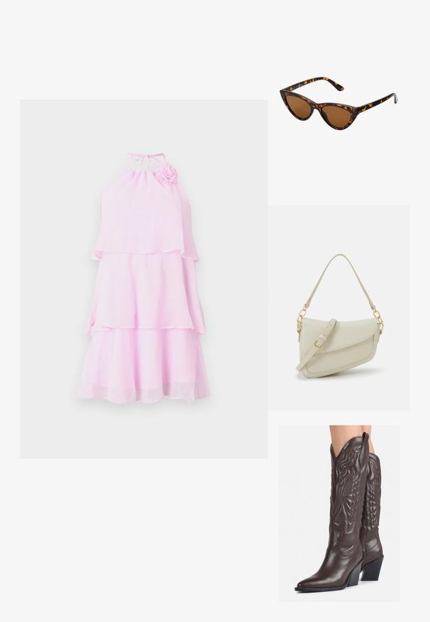 Rózsaszín, réteges ruha, nyakpántos kialakítással és virágos díszítéssel. Könnyű anyagból készült, légies fazonnal és rétegelt fodrokkal rendelkezik.; Barna bőr cowboy csizmák hegyes orral és blokk sarkal, részletes varrással és kiemelkedő díszítésekkel a szárán.; Cica szemüveg fekete és narancssárga teknőc pánttal, barna lencsékkel és sima, hegyes végekkel. A templomán egy minimalista logó található.; Kis krémszínű táska texturált felülettel, hosszú, állítható pánttal, láncos díszítéssel és fedéllel záródik. Aranyszínű fém részletek.
