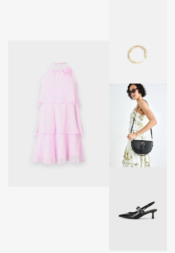 Roosa, astmeline kleit halter kaelusega ja lilledega aksessuaar. Valmistatud kergest kangast, omab voolavat disaini ja kihilisi volaanide.; Mustad patenteeritud nahast sildiga kontsad, millel on terav nina ja väike plokk-konts, mille rihmal on hõbedane pandla aksessuaar.; Mustmust mustraha kõverate joontega, eemaldatava rihmaga ja kuldsete detailidega. Kotil on klapp, millel on pandladetail.; Kuldtoonis sõrmus, millel on orgaaniline, keerdunud disain sileda tekstuuri ja kitsenevate otstega, luues kaasaegse skulptuurilise välimuse.