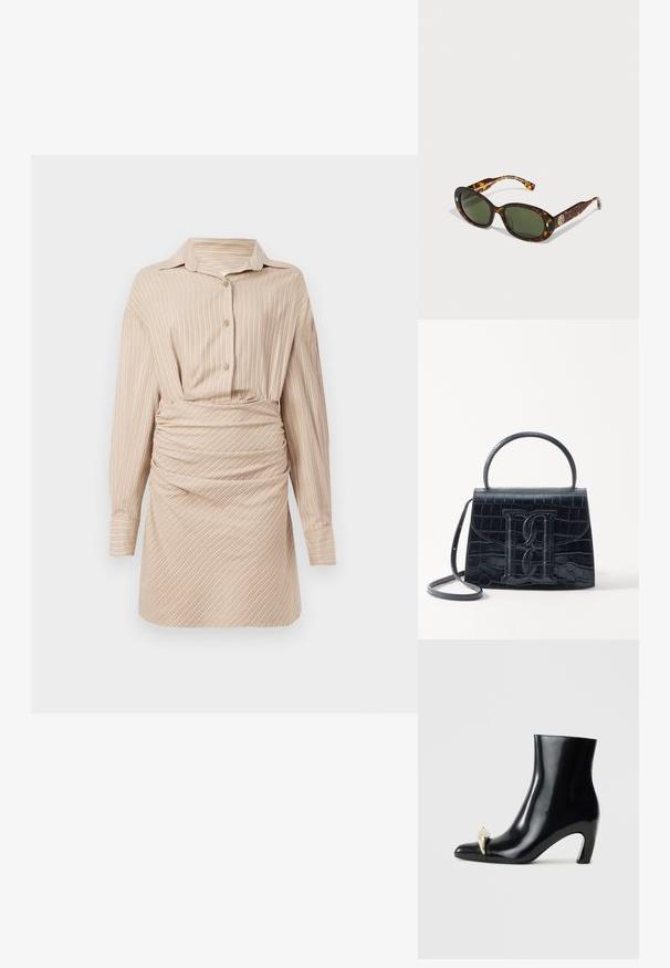 Beige pruhované šaty košilového stylu s límečkem, zapínáním na knoflíky, dlouhými rukávy a na gumičku na pase, což vytváří přiléhavý vzhled.; Černé kotníkové boty vyrobené z lesklé kůže, s špičatou špičkou a dekorativním zlatým a stříbrným akcentem na přední straně. Design s blokovým podpatkem.; Želvovinové sluneční brýle se zelenými čočkami, oválného tvaru, s pozlaceným logem na boku a hladkým lesklým povrchem.; Černá kabelka z krokodýlí kůže s embosovaným vzorem, strukturovaným designem, horním uchycením, nastavitelným popruhem a výrazným logem na přední straně.