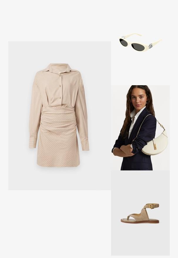 Beige pruhované šaty košilového stylu s límečkem, zapínáním na knoflíky, dlouhými rukávy a na gumičku na pase, což vytváří přiléhavý vzhled.; Krémová semišová sandála s prstovým poutkem, otevřenými stranami a širokým kotníkovým páskem se zlatou sponou. Plná hnědá podrážka s mírným okrajem.; Námořnické sluneční brýle krémové barvy s oválnými skly, černým zabarvením a kovovými logovými akcenty na spáncích. Hladký povrch, design ve stylu kočičích očí.; Bílá kožená kabelka zakřiveného tvaru, se zlatými doplňky a texturovaným povrchem, nošená přes tmavý blazer a bílou košili.