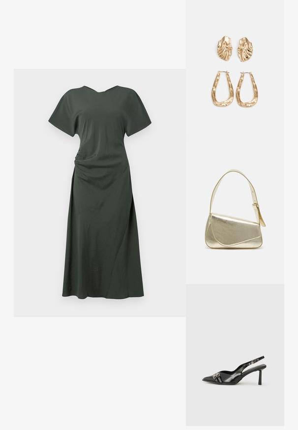Olivengrønn, kne-lengde kjole med korte ermer, V-hals og drapert sideDetalj. Glatt stoff med en lett glans.; Sorte patentlær slingback-sko med spiss tå, ankelremmer med sølvspenner og detaljer, og en slank hæl.; Gullfarget metallisk håndveske med en strukturert design, glatt tekstur og justerbar stropp. Har en unik trekantet form og minimalistisk søm.; Gullfargede øredobber med teksturerte, bølgete former. Inkluderer skulpturelle klipsstuds og åpen hoop-design med en hamret finish.
